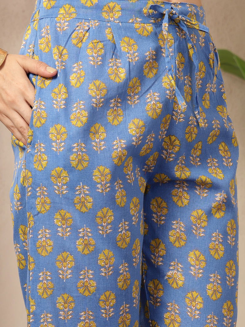 Stylum Women's Blue Floral Printed Cotton Straight Kurta Pant Dupatta Set (KPDBLUEINAYA)