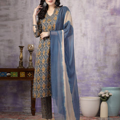 Stylum Women's Blue Ajrakh Printed Cotton Straight Angrakha Kurta Pant Dupatta Set (KPDBLUEJACKY)