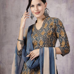 Stylum Women's Blue Ajrakh Printed Cotton Straight Angrakha Kurta Pant Dupatta Set (KPDBLUEJACKY)
