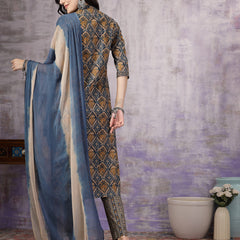 Stylum Women's Blue Ajrakh Printed Cotton Straight Angrakha Kurta Pant Dupatta Set (KPDBLUEJACKY)
