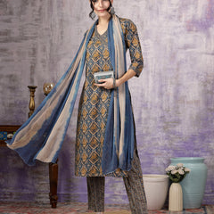 Stylum Women's Blue Ajrakh Printed Cotton Straight Angrakha Kurta Pant Dupatta Set (KPDBLUEJACKY)