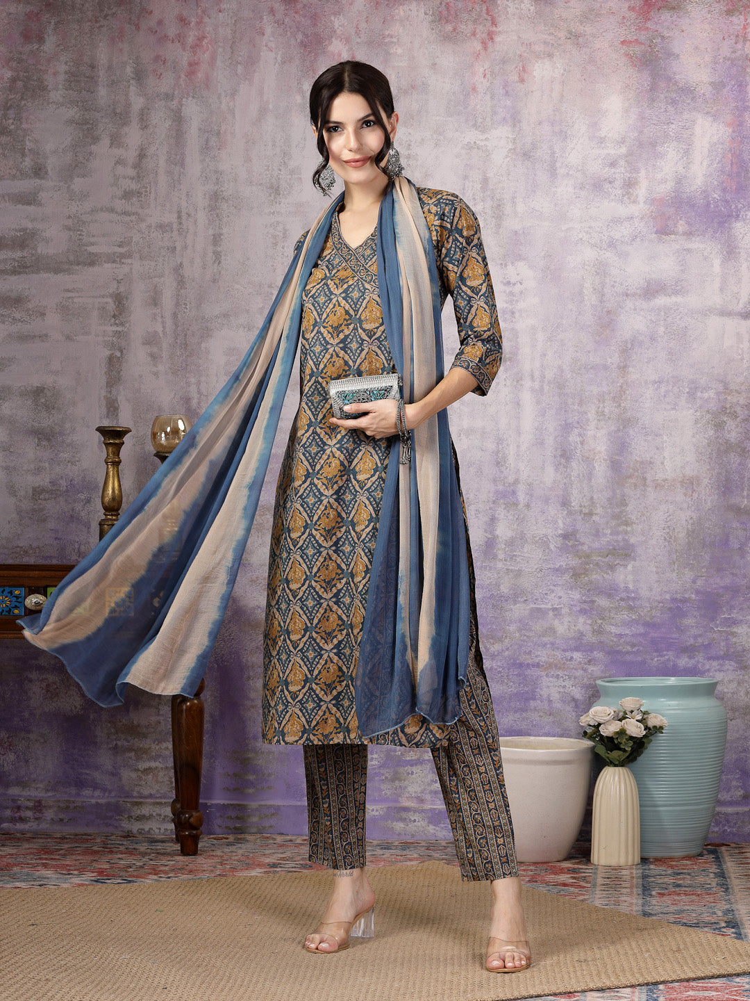 Stylum Women's Blue Ajrakh Printed Cotton Straight Angrakha Kurta Pant Dupatta Set (KPDBLUEJACKY)