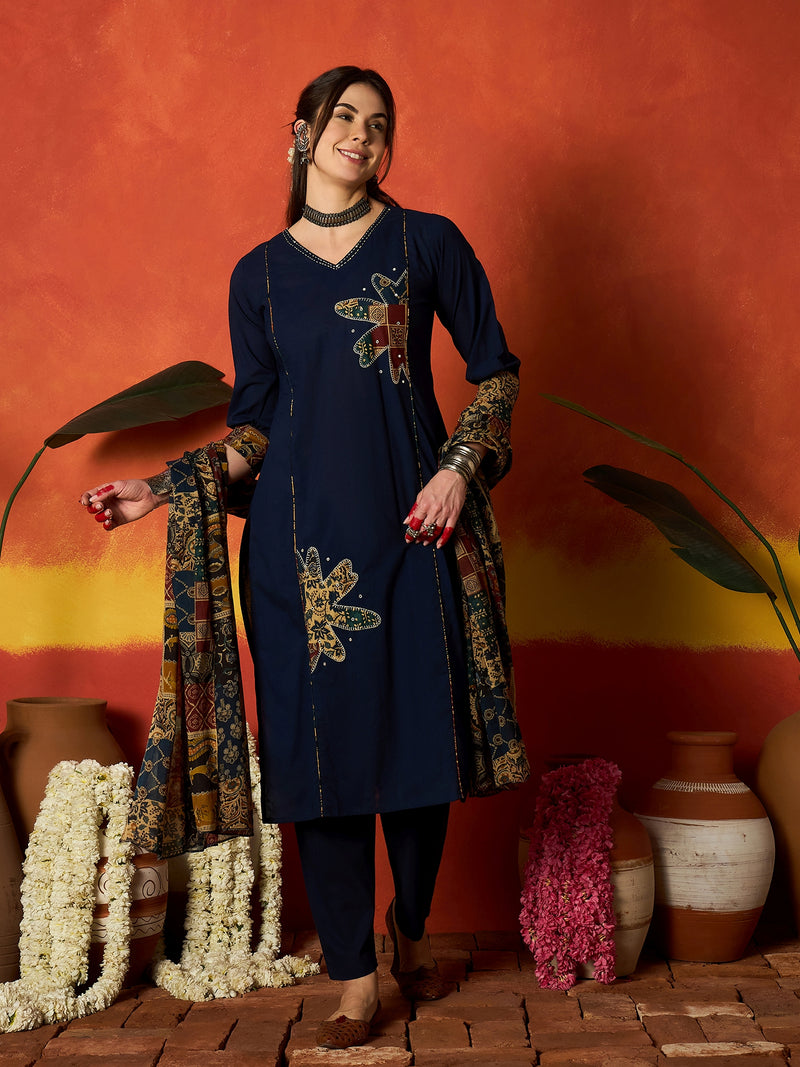 Stylum Women's Blue Solid Cotton Straight Kurta Pant Dupatta Set (KPDBLUEJIMAN)