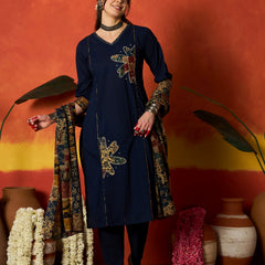 Stylum Women's Blue Solid Cotton Straight Kurta Pant Dupatta Set (KPDBLUEJIMAN)