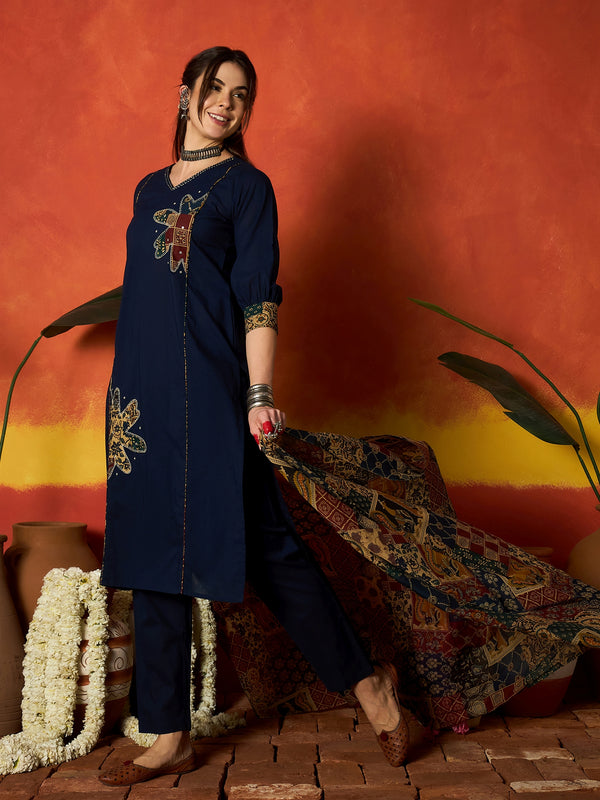 Stylum Women's Blue Solid Cotton Straight Kurta Pant Dupatta Set (KPDBLUEJIMAN)