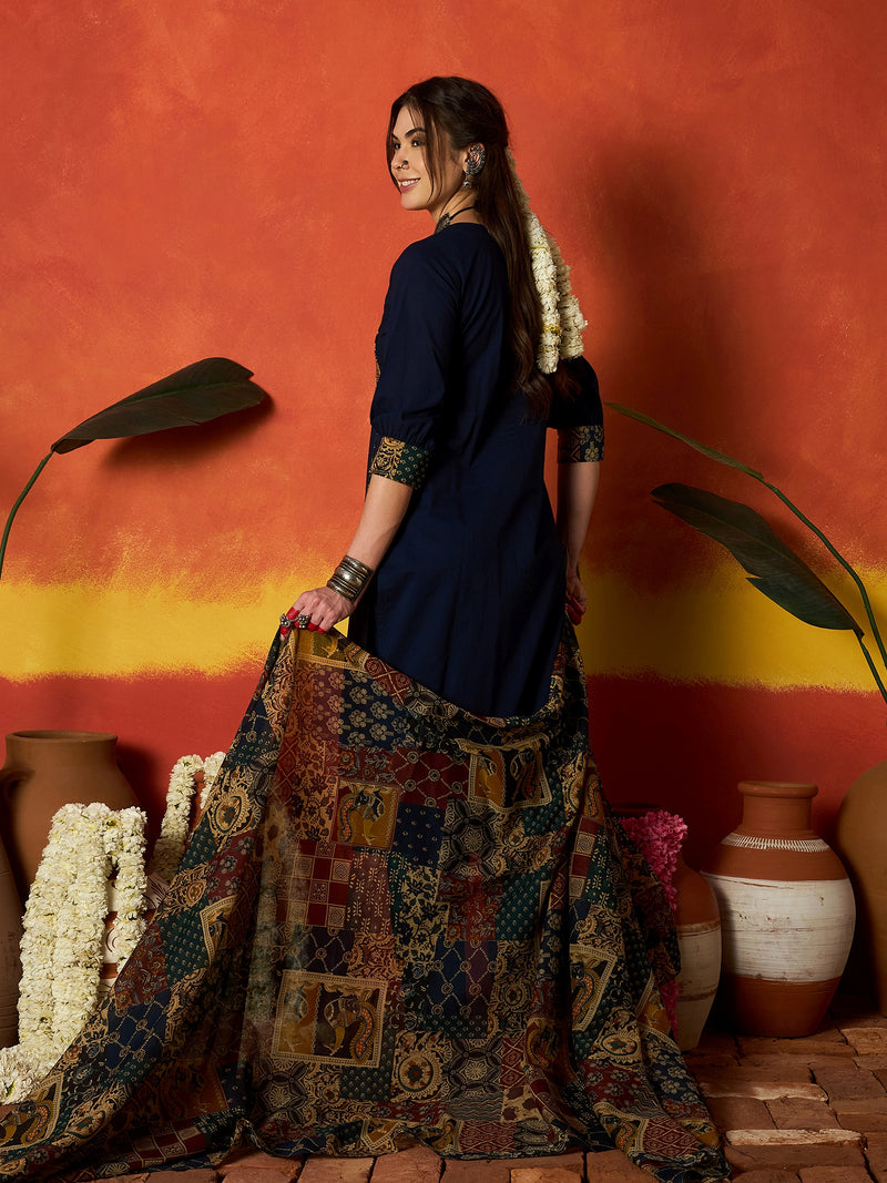 Stylum Women's Blue Solid Cotton Straight Kurta Pant Dupatta Set (KPDBLUEJIMAN)