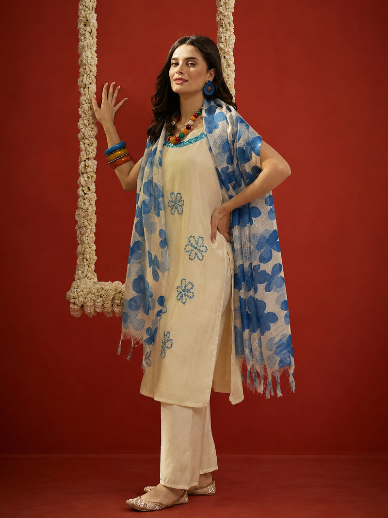 Stylum Women's Blue Solid & Embroidered Polyester Straight Kurta Pant Dupatta Set (KPDBLUEJORDAN)