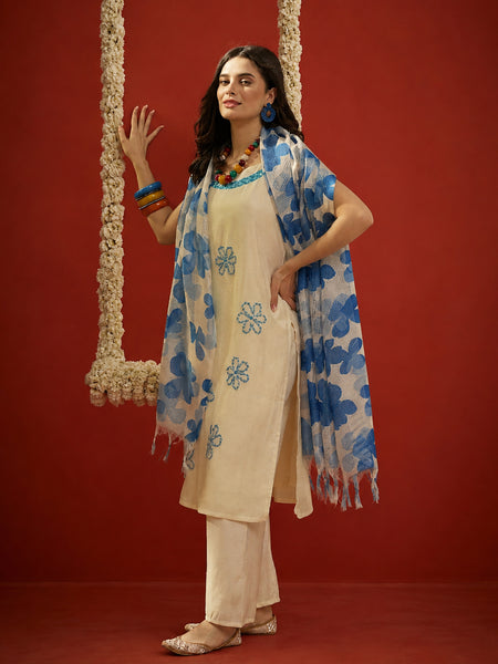 Stylum Women's Blue Solid & Embroidered Polyester Straight Kurta Pant Dupatta Set (KPDBLUEJORDAN)