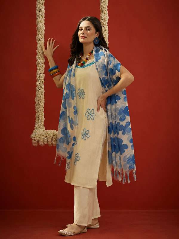 Stylum Women's Blue Solid & Embroidered Polyester Straight Kurta Pant Dupatta Set (KPDBLUEJORDAN)