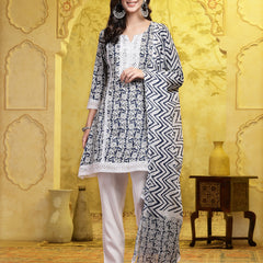 Stylum Women's Indigo Blue Floral Printed & Embroidered Cotton A-Line Short Kurti Pant Dupatta Set (KPDBLUEKINZAL)