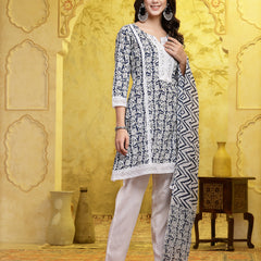 Stylum Women's Indigo Blue Floral Printed & Embroidered Cotton A-Line Short Kurti Pant Dupatta Set (KPDBLUEKINZAL)