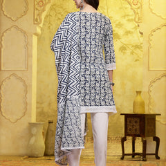 Stylum Women's Indigo Blue Floral Printed & Embroidered Cotton A-Line Short Kurti Pant Dupatta Set (KPDBLUEKINZAL)