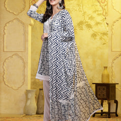 Stylum Women's Indigo Blue Floral Printed & Embroidered Cotton A-Line Short Kurti Pant Dupatta Set (KPDBLUEKINZAL)