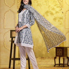 Stylum Women's Indigo Blue Floral Printed & Embroidered Cotton A-Line Short Kurti Pant Dupatta Set (KPDBLUEKINZAL)