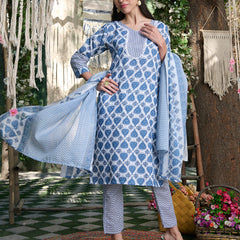 Stylum Women's Blue Striped Printed Cotton Blend Straight Kurta Pant Dupatta Set (KPDBLUEKIRO)