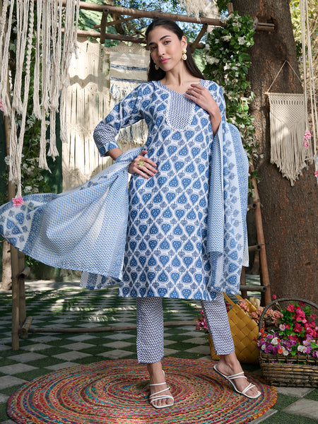 Stylum Women's Blue Striped Printed Cotton Blend Straight Kurta Pant Dupatta Set (KPDBLUEKIRO)