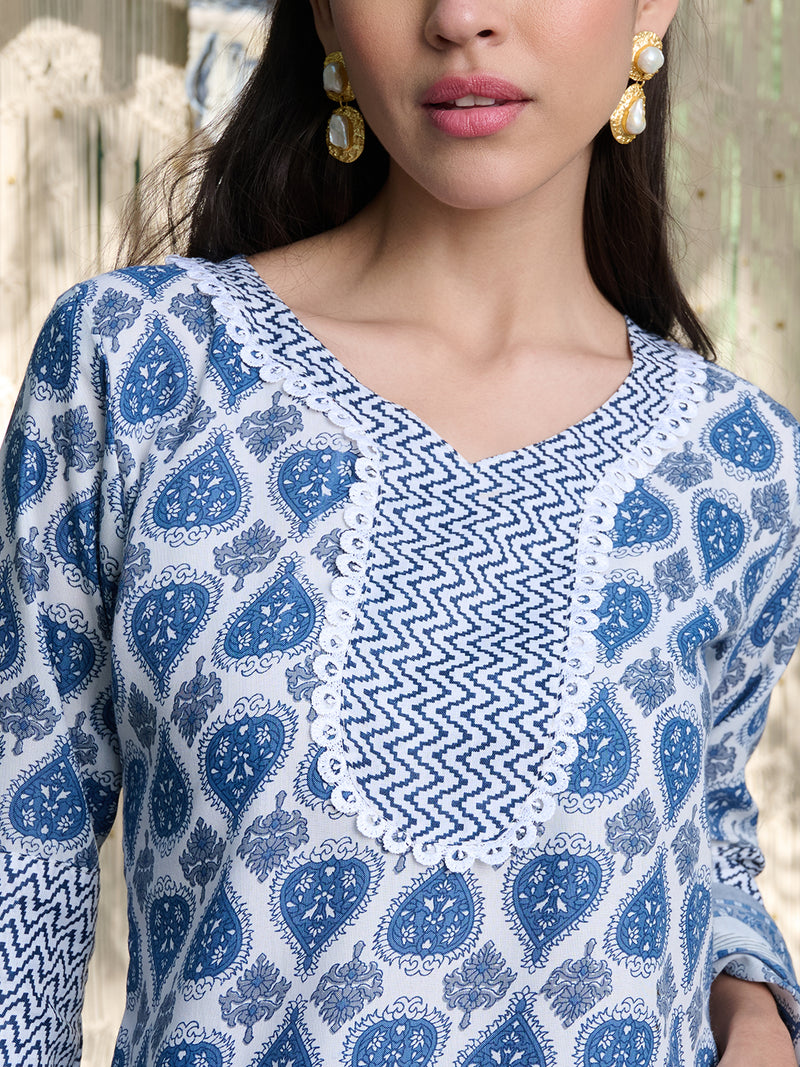 Stylum Women's Blue Striped Printed Cotton Blend Straight Kurta Pant Dupatta Set (KPDBLUEKIRO)