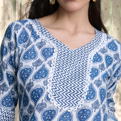 Stylum Women's Blue Striped Printed Cotton Blend Straight Kurta Pant Dupatta Set (KPDBLUEKIRO)