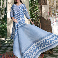 Stylum Women's Blue Striped Printed Cotton Blend Straight Kurta Pant Dupatta Set (KPDBLUEKIRO)