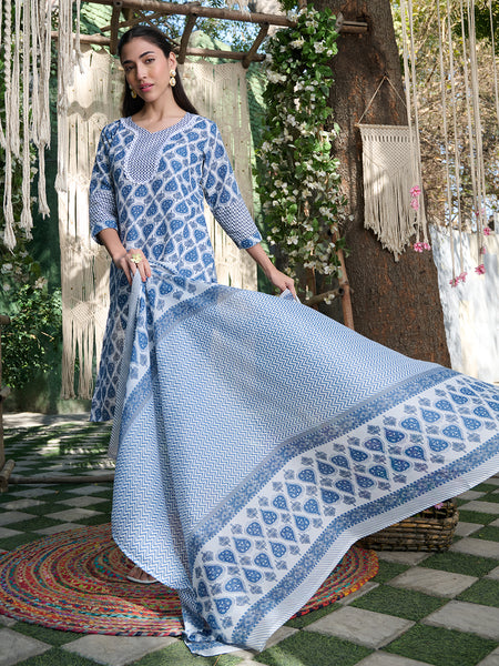 Stylum Women's Blue Striped Printed Cotton Blend Straight Kurta Pant Dupatta Set (KPDBLUEKIRO)
