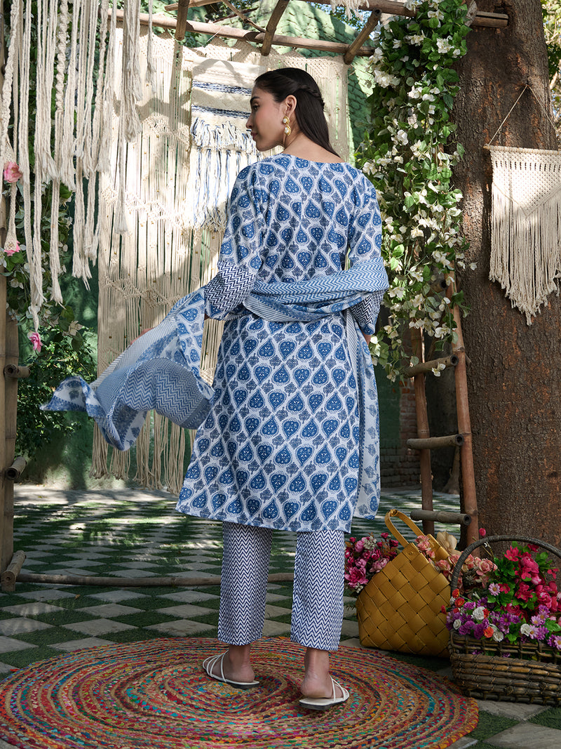 Stylum Women's Blue Striped Printed Cotton Blend Straight Kurta Pant Dupatta Set (KPDBLUEKIRO)