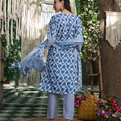 Stylum Women's Blue Striped Printed Cotton Blend Straight Kurta Pant Dupatta Set (KPDBLUEKIRO)