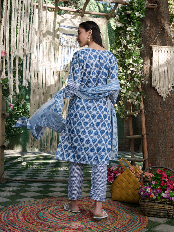 Stylum Women's Blue Striped Printed Cotton Blend Straight Kurta Pant Dupatta Set (KPDBLUEKIRO)