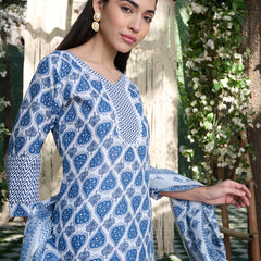 Stylum Women's Blue Striped Printed Cotton Blend Straight Kurta Pant Dupatta Set (KPDBLUEKIRO)