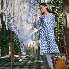 Stylum Women's Blue Striped Printed Cotton Blend Straight Kurta Pant Dupatta Set (KPDBLUEKIRO)