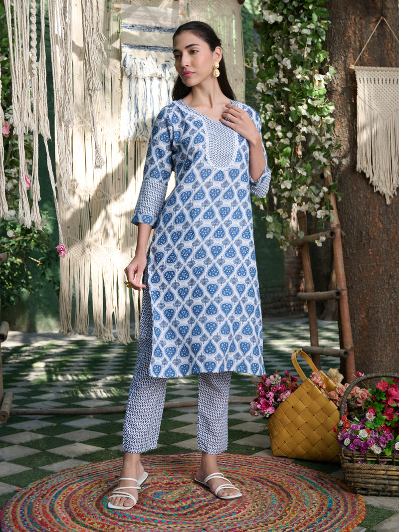 Stylum Women's Blue Striped Printed Cotton Blend Straight Kurta Pant Dupatta Set (KPDBLUEKIRO)