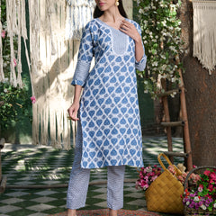 Stylum Women's Blue Striped Printed Cotton Blend Straight Kurta Pant Dupatta Set (KPDBLUEKIRO)
