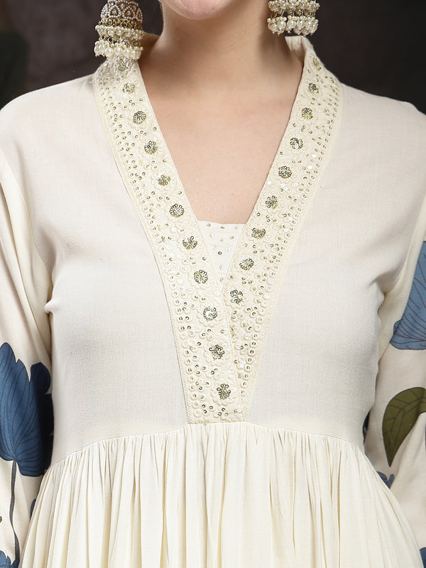 Stylum Women's Blue Floral Printed Rayon Flared Kurta Palazzo Dupatta Set (KPDBLUEMINI)