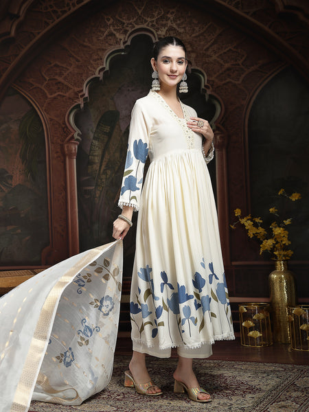Stylum Women's Blue Floral Printed Rayon Flared Kurta Palazzo Dupatta Set (KPDBLUEMINI)
