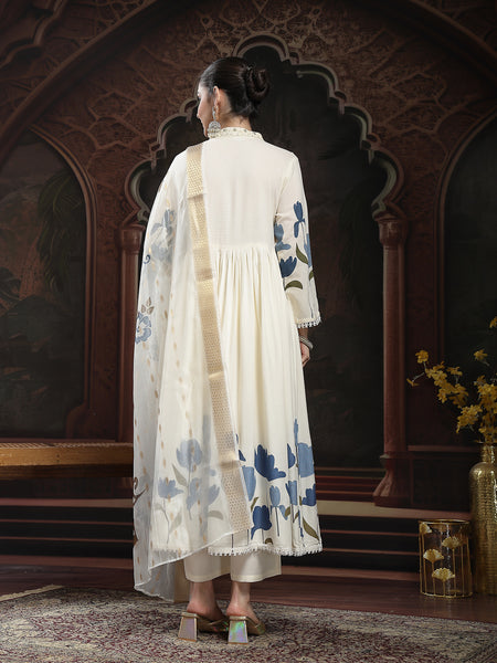Stylum Women's Blue Floral Printed Rayon Flared Kurta Palazzo Dupatta Set (KPDBLUEMINI)