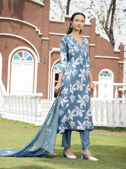 Stylum Women's Blue Floral Printed Rayon A-Line Kurta Pant Dupatta Set (KPDBLUEMORA)