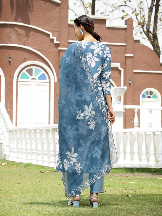 Stylum Women's Blue Floral Printed Rayon A-Line Kurta Pant Dupatta Set (KPDBLUEMORA)