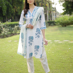 Stylum Women's Blue Floral Printed Cotton Slub Straight Kurta Pant Dupatta Set (KPDBLUEMUSK)
