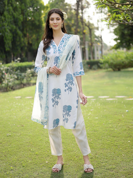 Stylum Women's Blue Floral Printed Cotton Slub Straight Kurta Pant Dupatta Set (KPDBLUEMUSK)