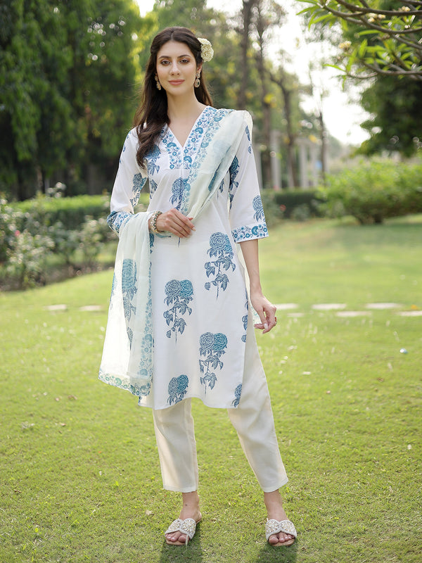 Stylum Women's Blue Floral Printed Cotton Slub Straight Kurta Pant Dupatta Set (KPDBLUEMUSK)