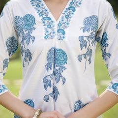 Stylum Women's Blue Floral Printed Cotton Slub Straight Kurta Pant Dupatta Set (KPDBLUEMUSK)