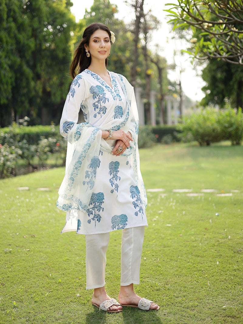 Stylum Women's Blue Floral Printed Cotton Slub Straight Kurta Pant Dupatta Set (KPDBLUEMUSK)