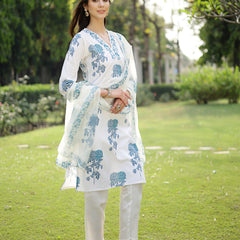 Stylum Women's Blue Floral Printed Cotton Slub Straight Kurta Pant Dupatta Set (KPDBLUEMUSK)