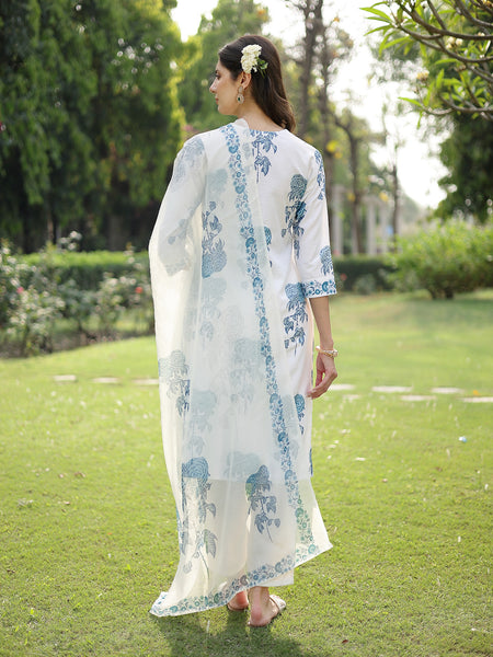 Stylum Women's Blue Floral Printed Cotton Slub Straight Kurta Pant Dupatta Set (KPDBLUEMUSK)
