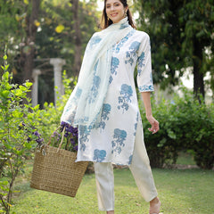 Stylum Women's Blue Floral Printed Cotton Slub Straight Kurta Pant Dupatta Set (KPDBLUEMUSK)