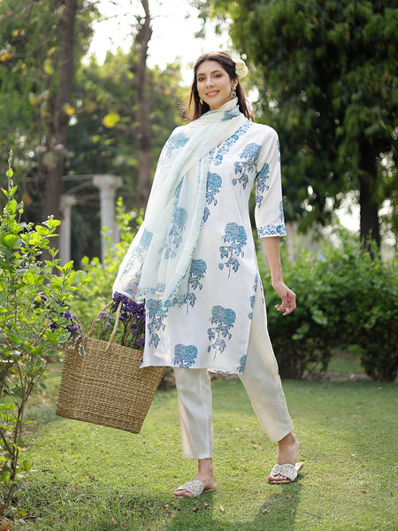 Stylum Women's Blue Floral Printed Cotton Slub Straight Kurta Pant Dupatta Set (KPDBLUEMUSK)