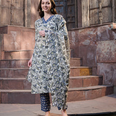 Stylum Women's Blue Ethnic Printed Cotton Blend Straight Kurta Pant Dupatta Set (KPDBLUENATU)