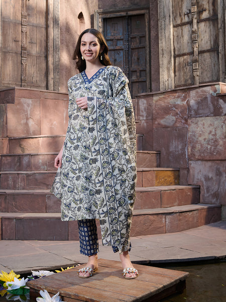 Stylum Women's Blue Ethnic Printed Cotton Blend Straight Kurta Pant Dupatta Set (KPDBLUENATU)