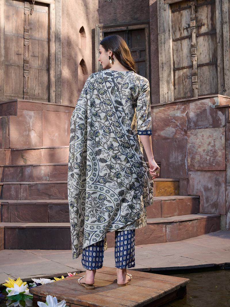 Stylum Women's Blue Ethnic Printed Cotton Blend Straight Kurta Pant Dupatta Set (KPDBLUENATU)