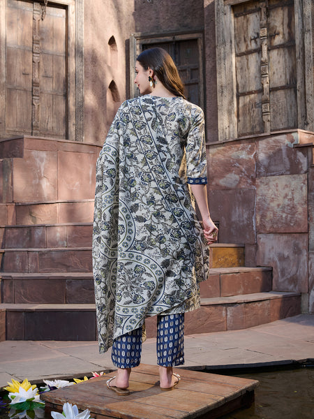 Stylum Women's Blue Ethnic Printed Cotton Blend Straight Kurta Pant Dupatta Set (KPDBLUENATU)