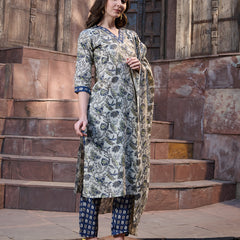 Stylum Women's Blue Ethnic Printed Cotton Blend Straight Kurta Pant Dupatta Set (KPDBLUENATU)